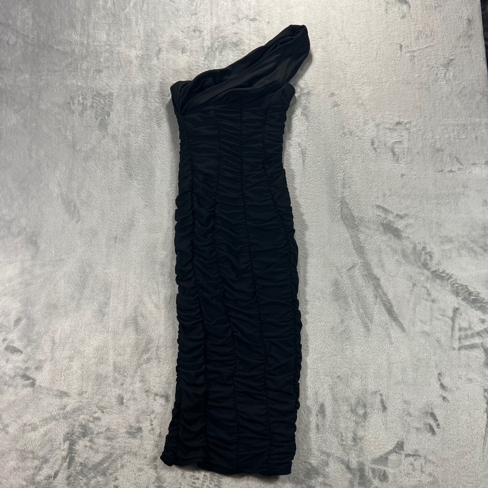 OH POLLY One Shoulder Midi Dress Women Size 2 Black Excellent Ruched Mesh LBD